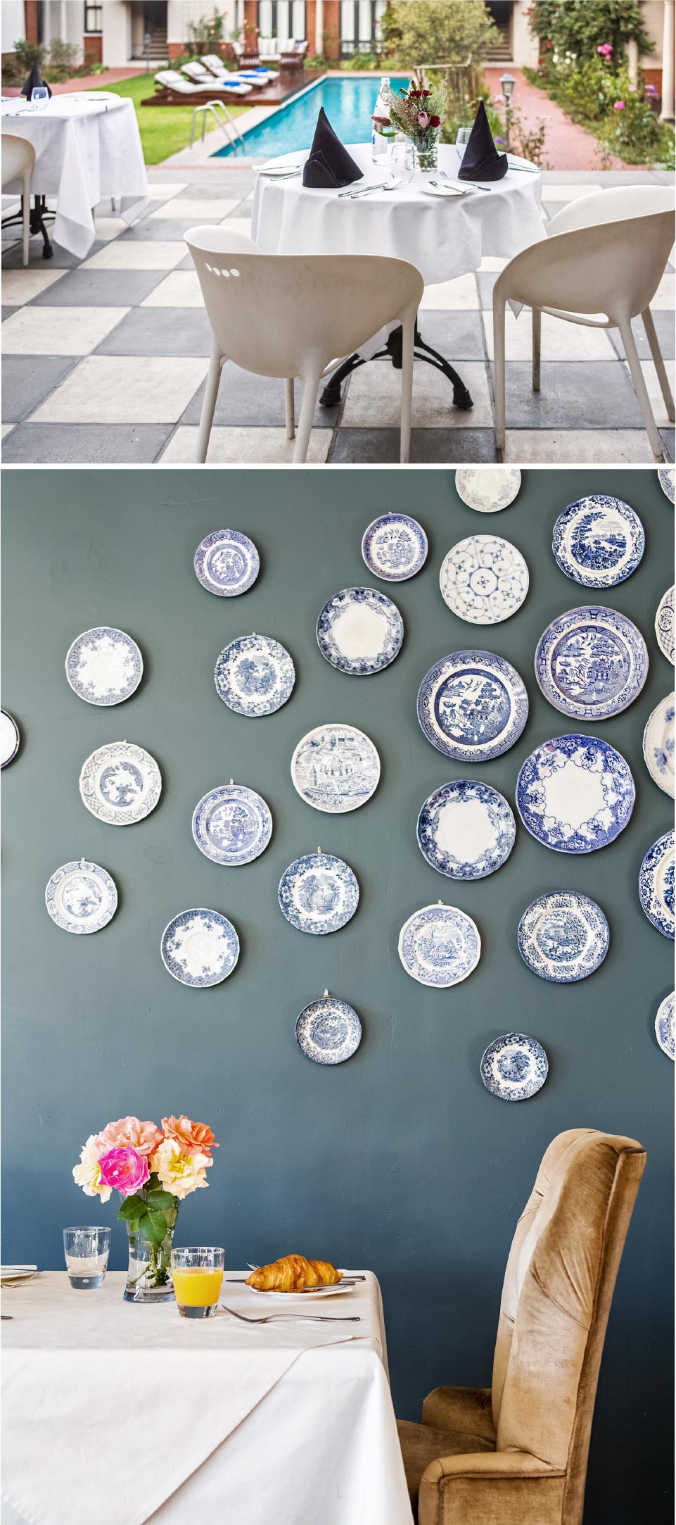 Outside table for two and plates on wall