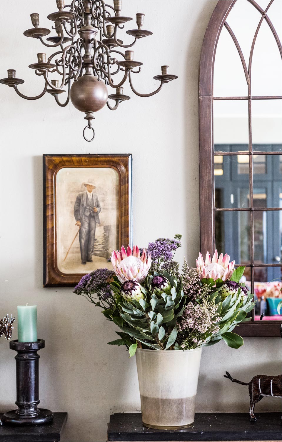 Flower arrangement and chandelier